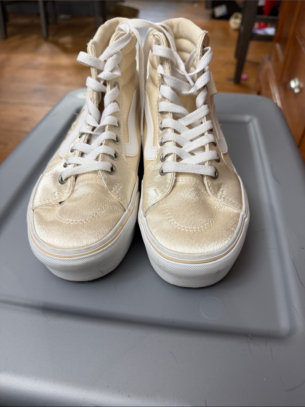 Vans High-Top Sneakers in Champagne and White with Floral Accent